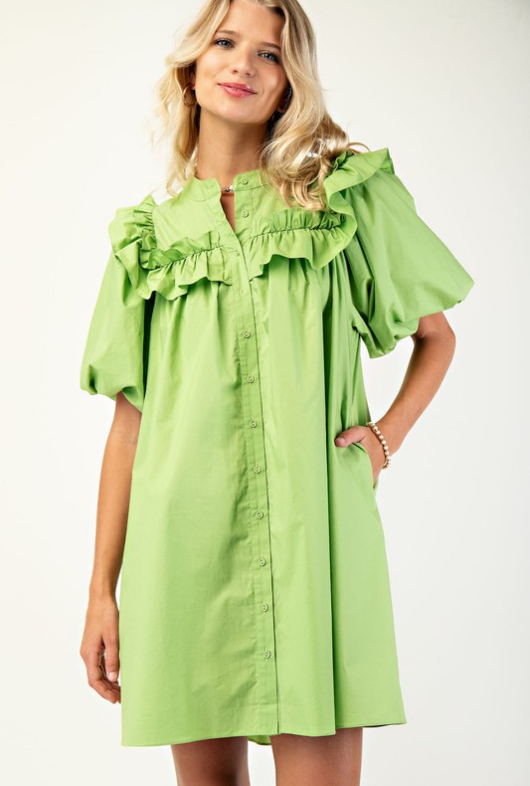 Puff sleeve mini dress in apple green