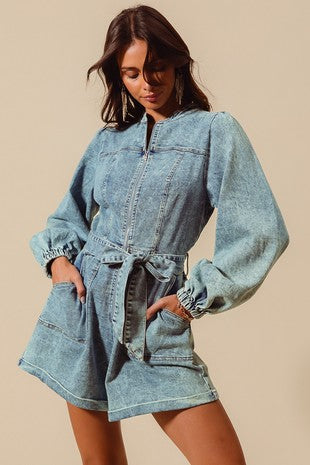 Washed denim romper