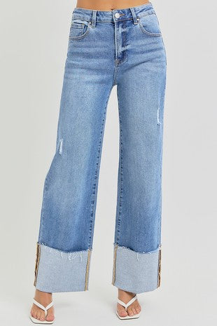 High rise ankle wide cuffed jeans