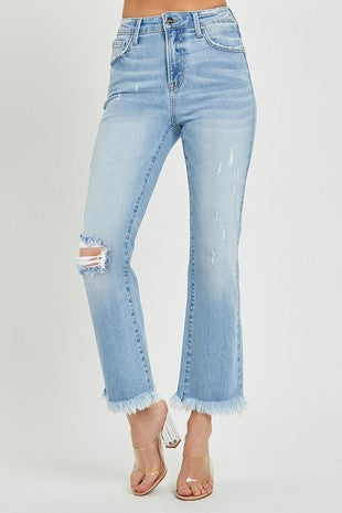 High rise cropped bootcut frayed jeans