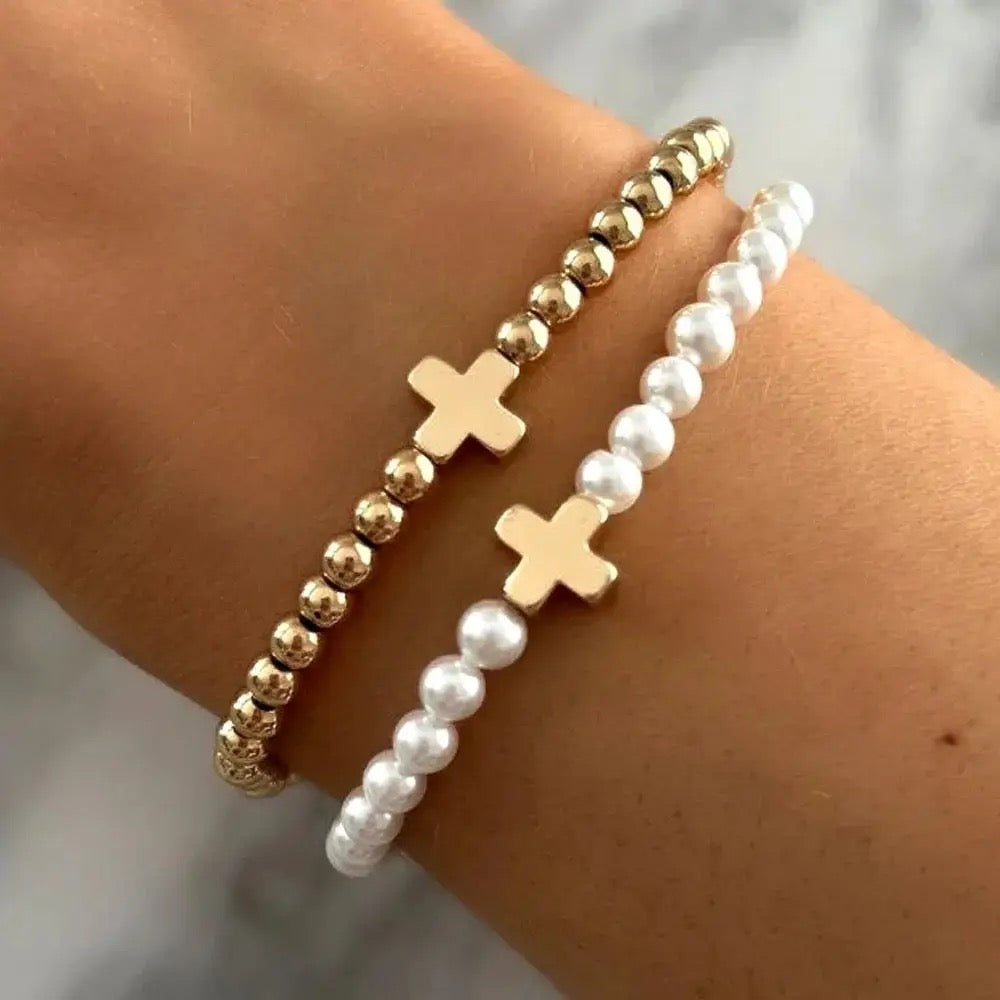 Gracie Cross Bracelet 18k Gold Plated Beads - Pearl
