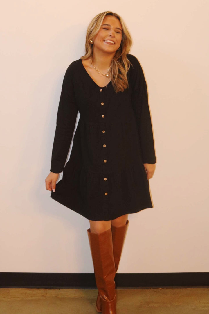 Erica Button Down Long Sleeve Dress - Black