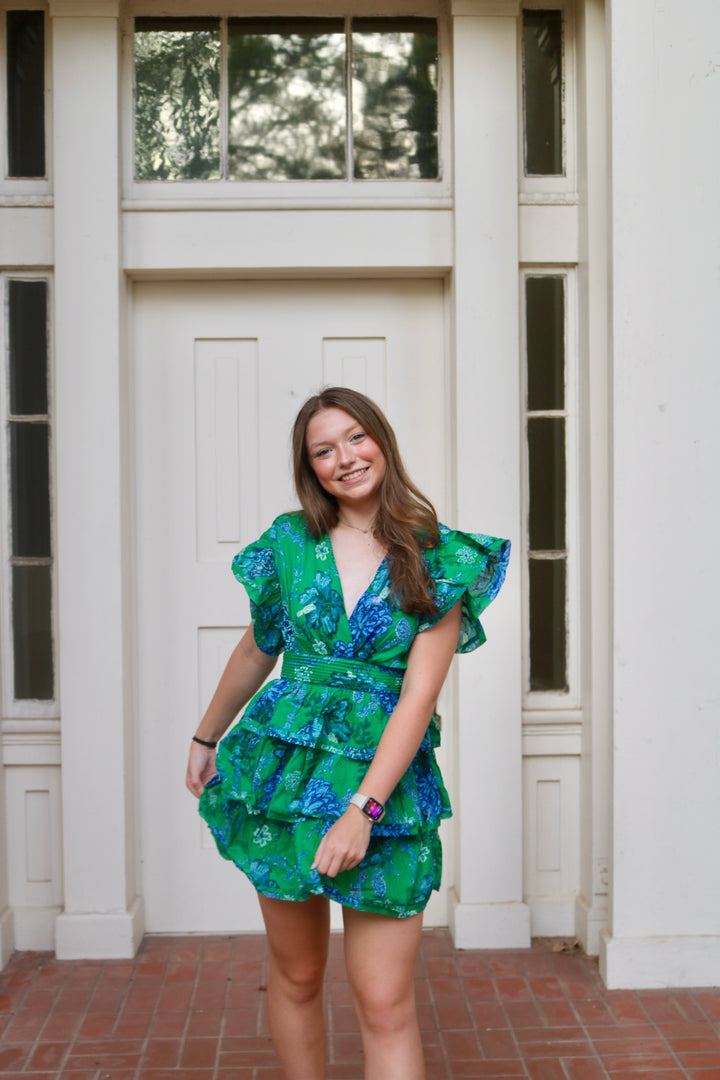 Marie Ruffle Tiered Dress - Green/Blue