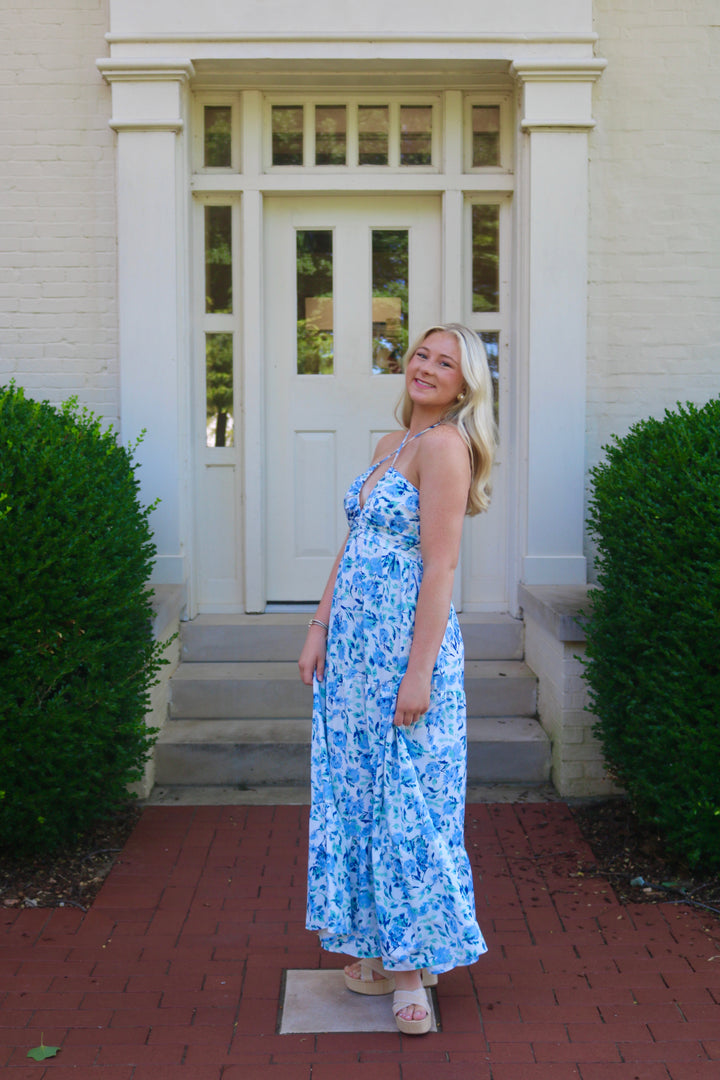 Bella Halter Maxi Dress- Blue Floral