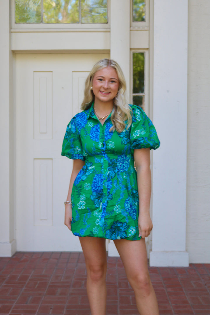 Presley Puff Sleeve Dress- Green/Blue