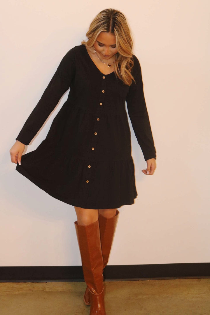 Erica Button Down Long Sleeve Dress - Black