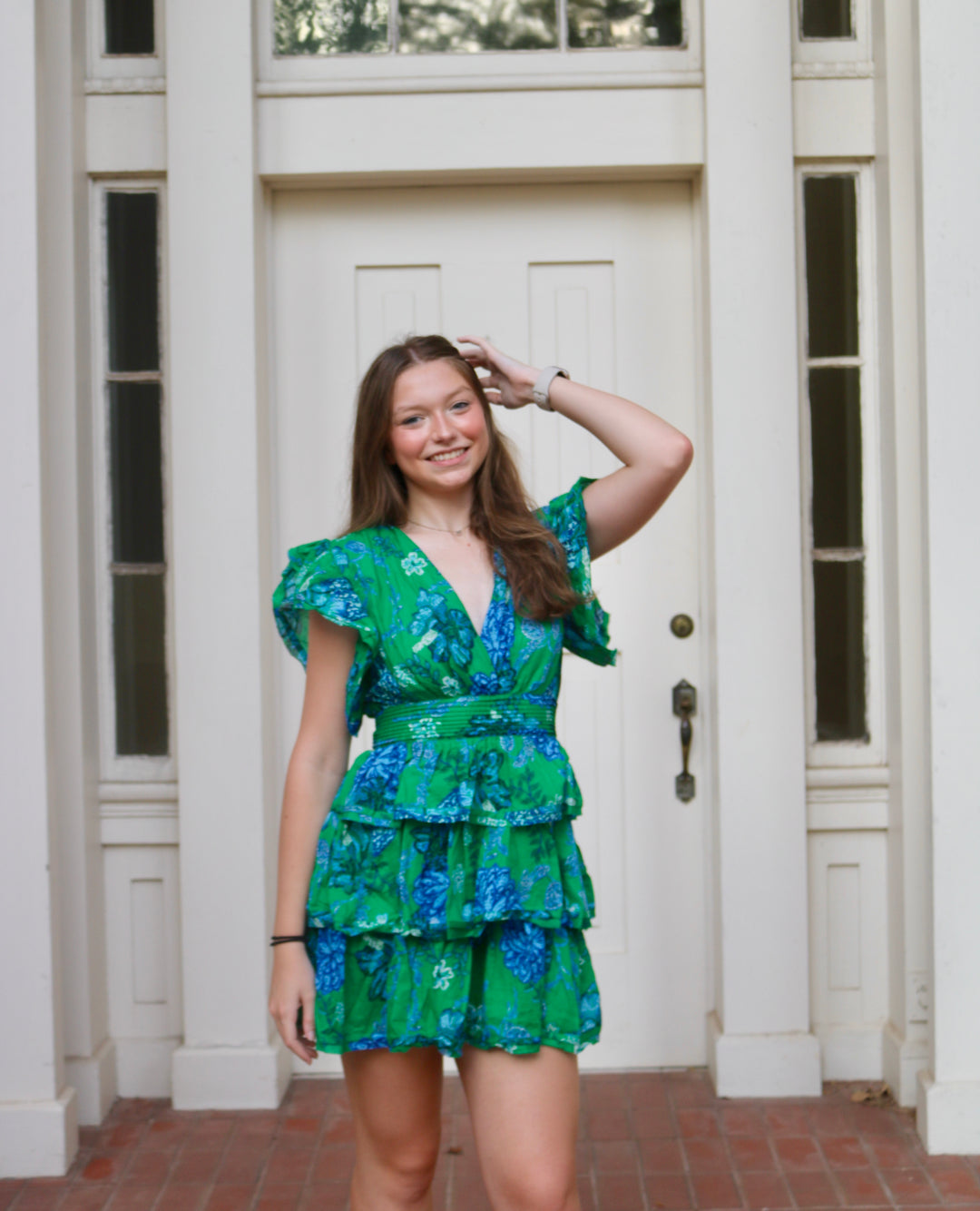 Marie Ruffle Tiered Dress - Green/Blue