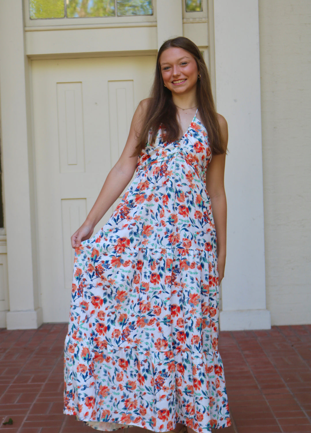 Bella Halter Maxi Dress- Orange Floral