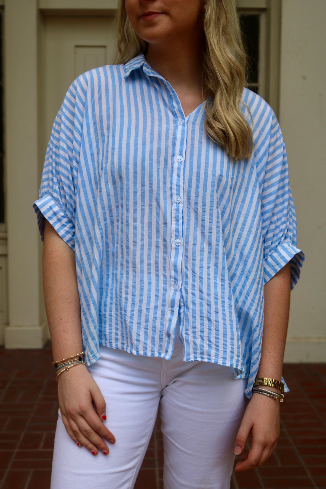 Melody Button Down Top - Blue/White