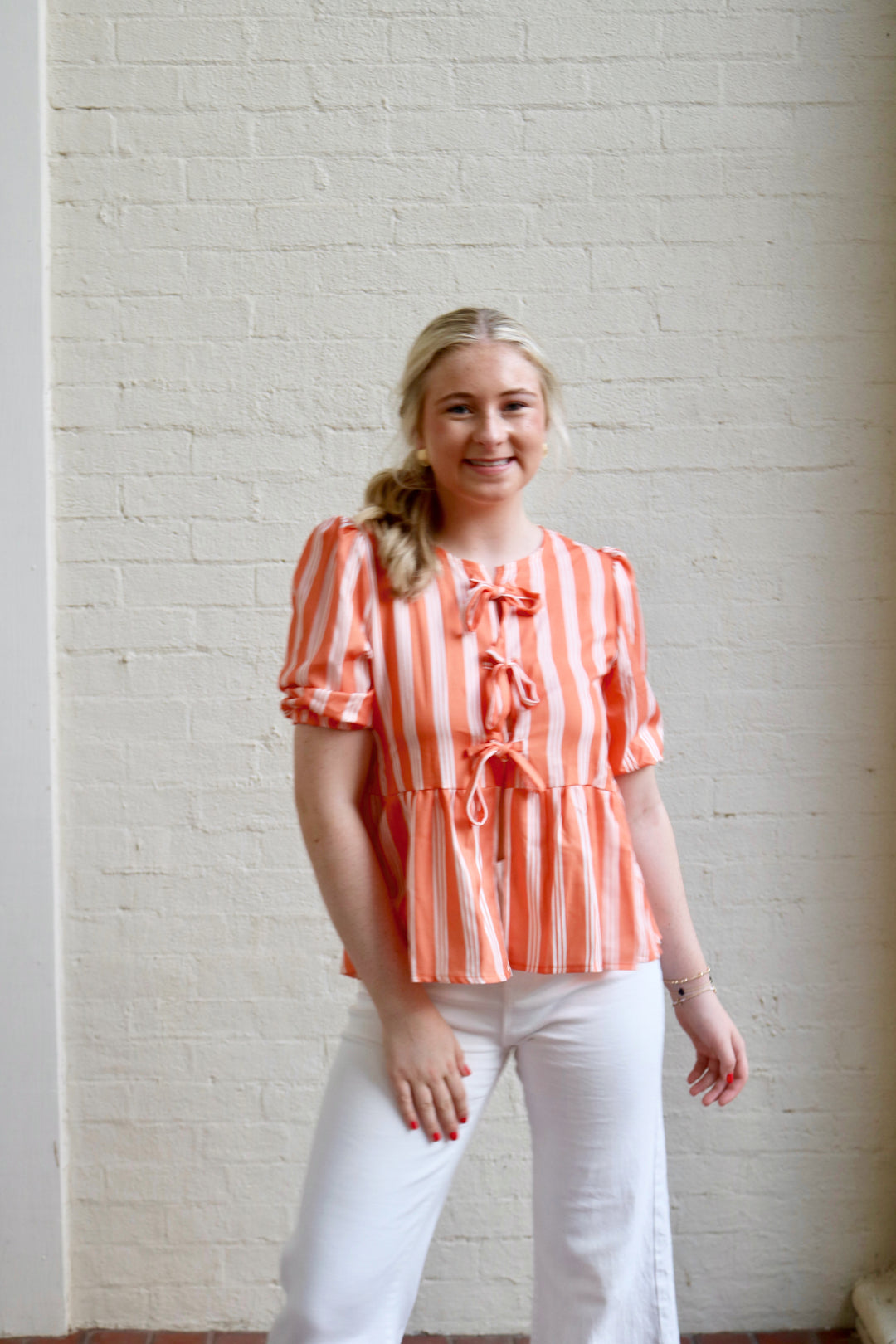 Olly Striped Tie Front Top - Orange