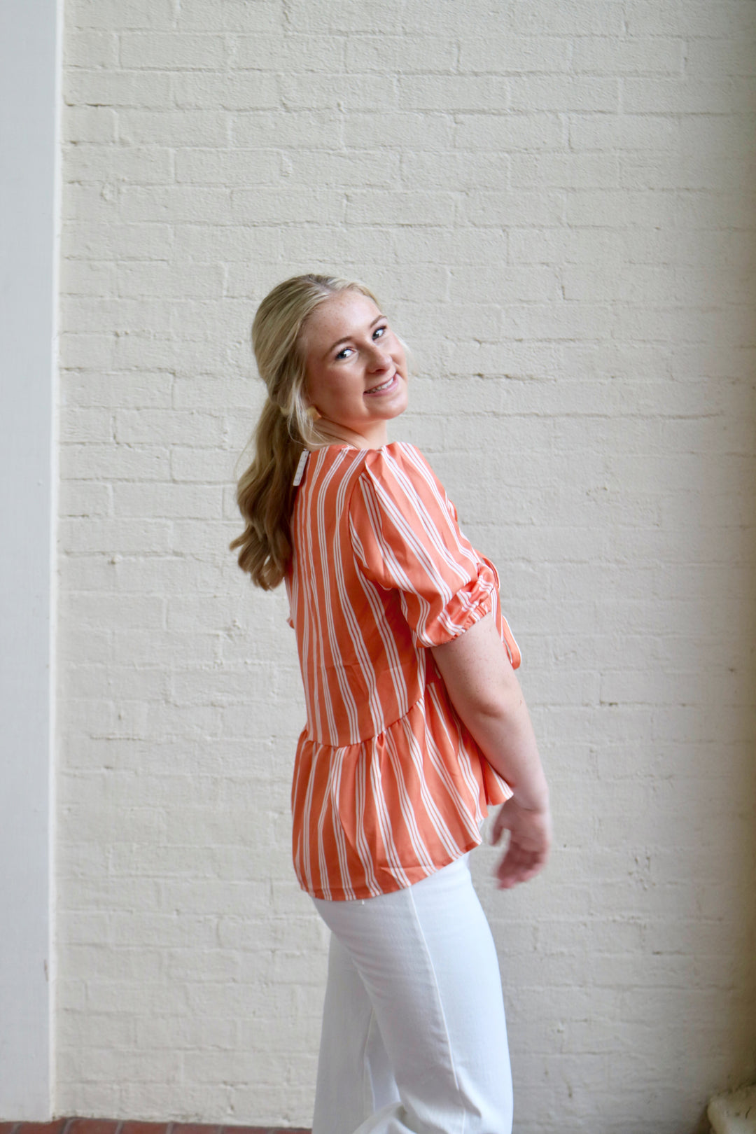 Olly Striped Tie Front Top - Orange