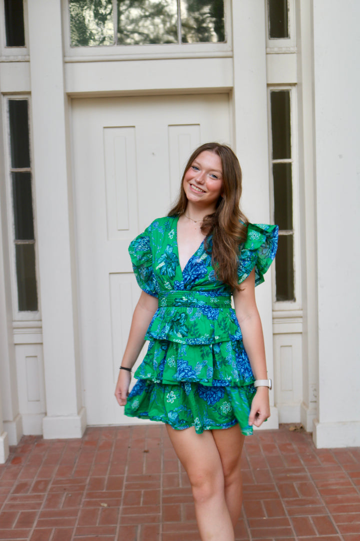 Marie Ruffle Tiered Dress - Green/Blue